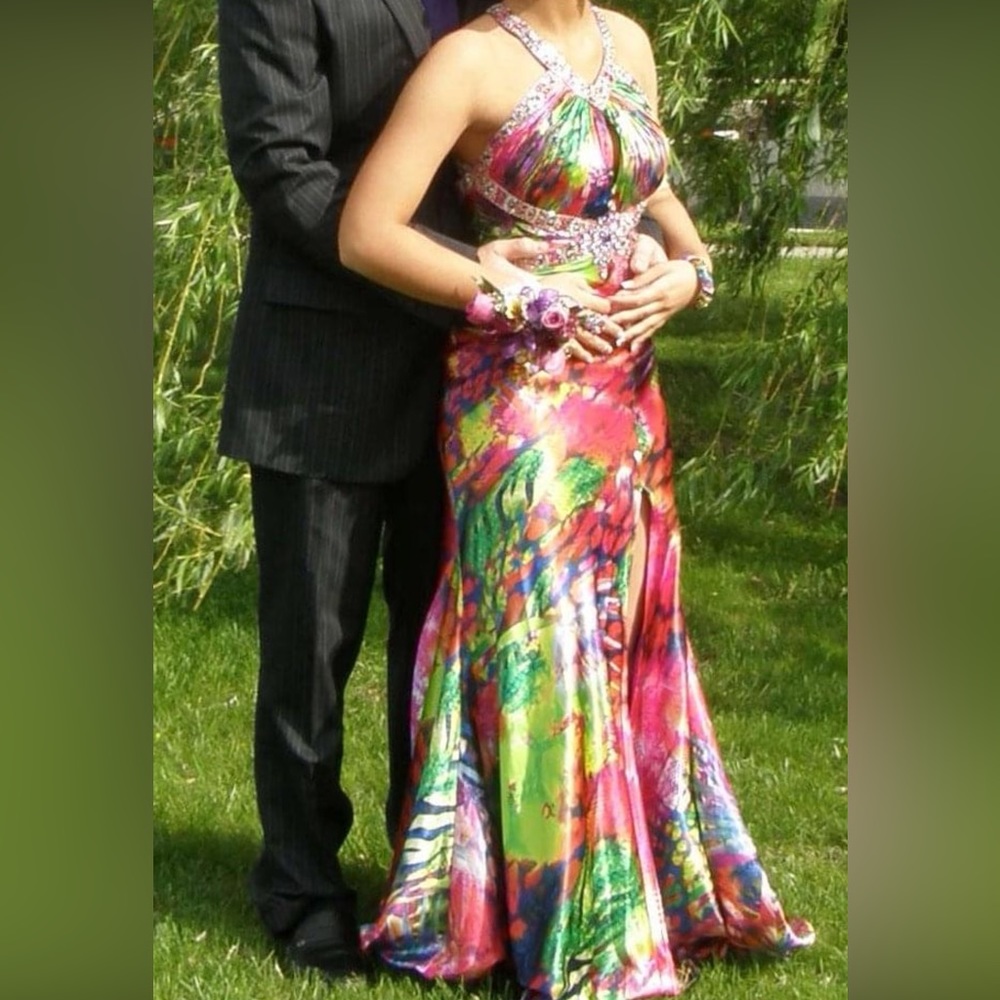 Bright Abstract floral prom dress with cutouts